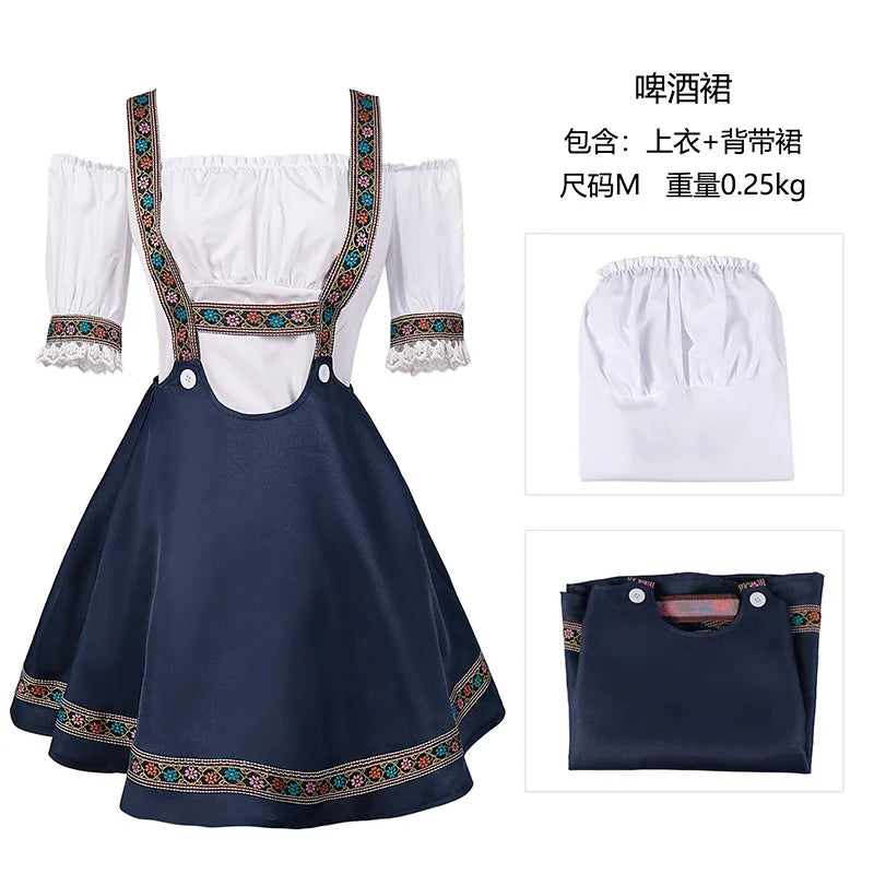 Vit off shoulder blus och mörkblå kjol med broderade hängslen