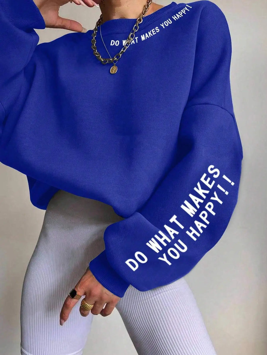 Mjuk Sweatshirt med Texttryck – Rundhalsad Tröja med Lång Ärm och Ribbade Muddar
