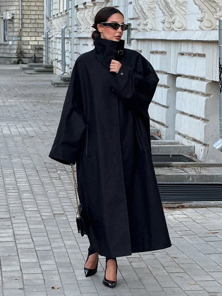 Dam Trenchcoat Lång, Överdimensionerad i Svart med Hög Krage och Bälte