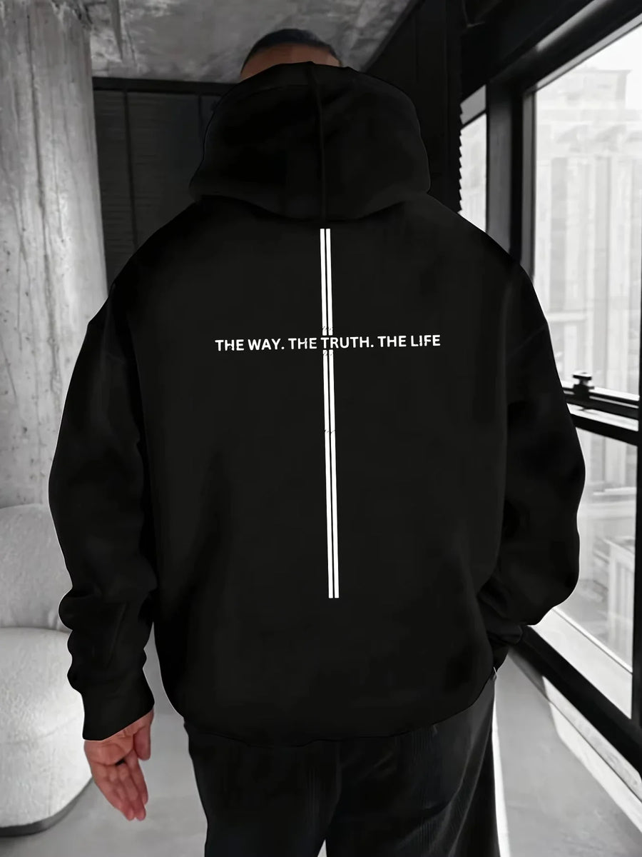 Hoodie med tryck och dubbla ränder, oversized passform