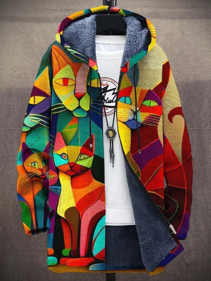 Ruth – Unisex Färgglad Katt-Print Huvtröja med Varm Fleecefoder och Konstnärlig Design