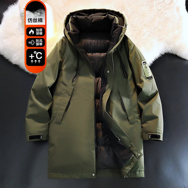 Herr Lång Dunjacka Vinter Varm Parkas med Huva Svart
