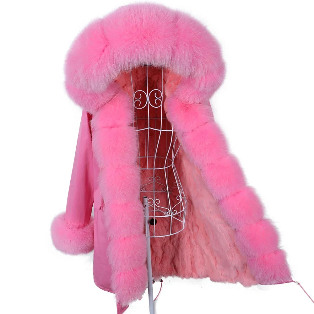 Vinterparkas med rosa fuskpälsfoder och luva, dam