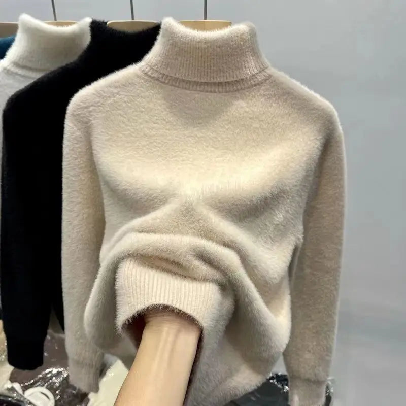 Mjuk Höghalsad Tröja för Dam i Fluffigt Material, Långärmad
