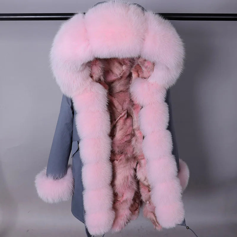 Vinterparkas med rosa fuskpälsfoder och luva, dam
