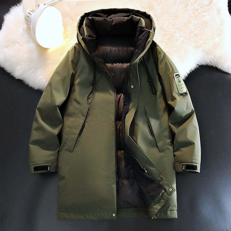 Herr Lång Dunjacka Vinter Varm Parkas med Huva Svart