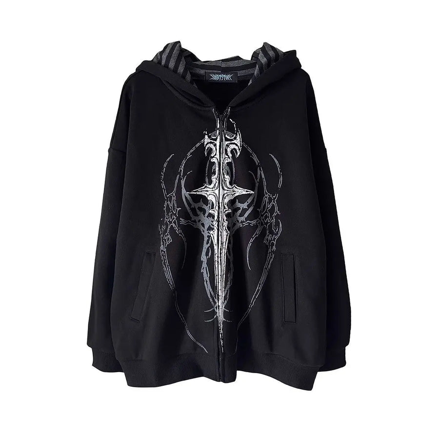 Svart hoodie med dragkedja och vit/grå grafisk design