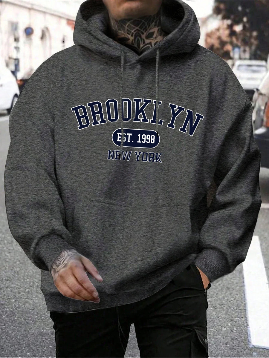 Hoodie med "New York" eller "Brooklyn" tryck, dragsko och känguruficka för män
