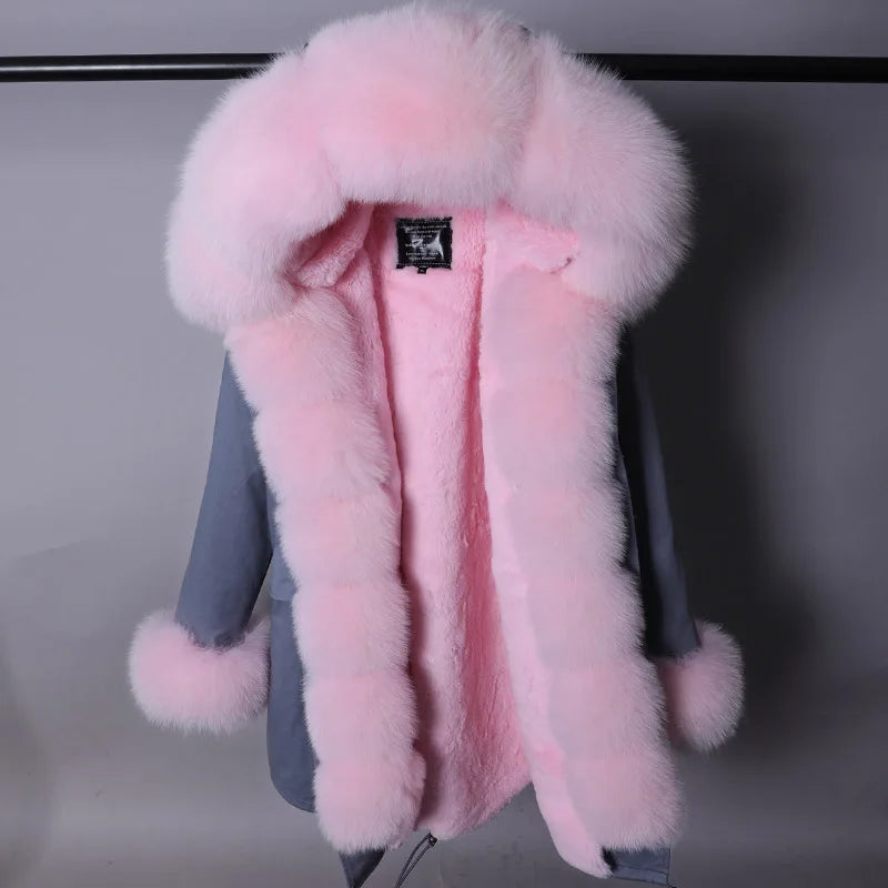Vinterparkas med rosa fuskpälsfoder och luva, dam