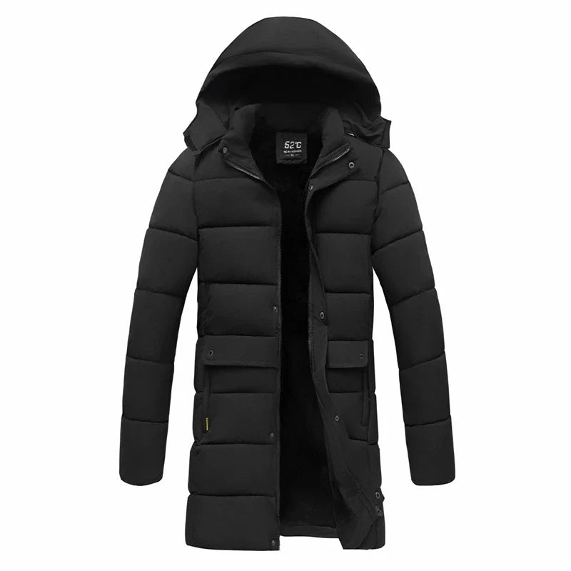 Herr Lång Dunjacka Vinter Varm Parkas med Luva Svarta Fickor