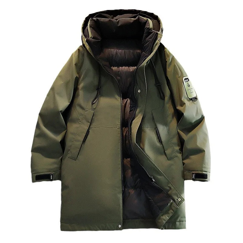 Herr Lång Dunjacka Vinter Varm Parkas med Huva Svart