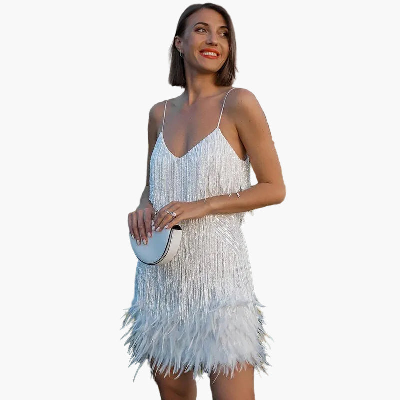 Dam Cocktailklänning Partyklänning med Fransar och Fjädrar – Elegant Festlook