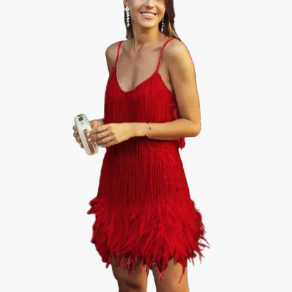 Dam Cocktailklänning Partyklänning med Fransar och Fjädrar – Elegant Festlook