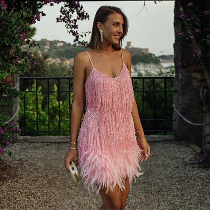 Dam Cocktailklänning Partyklänning med Fransar och Fjädrar – Elegant Festlook