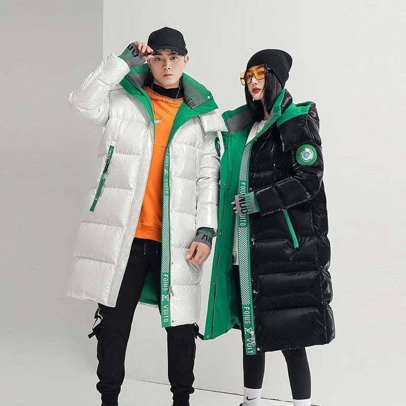 Unisex Glansig Lång Dunjacka med Huva Svart/Vit