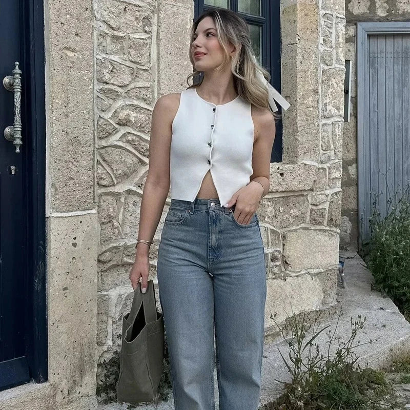 Ärmlös ribbad tröja med knappar, dam – V-ringad crop top