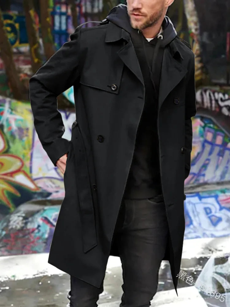 Herr Trenchcoat Lång Dubbelknäppt Rock med Skärp och Krage