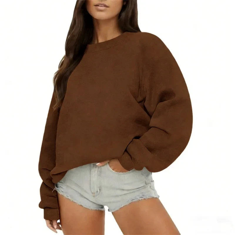 Enfärgad Sweatshirt för Dam med Rund Hals