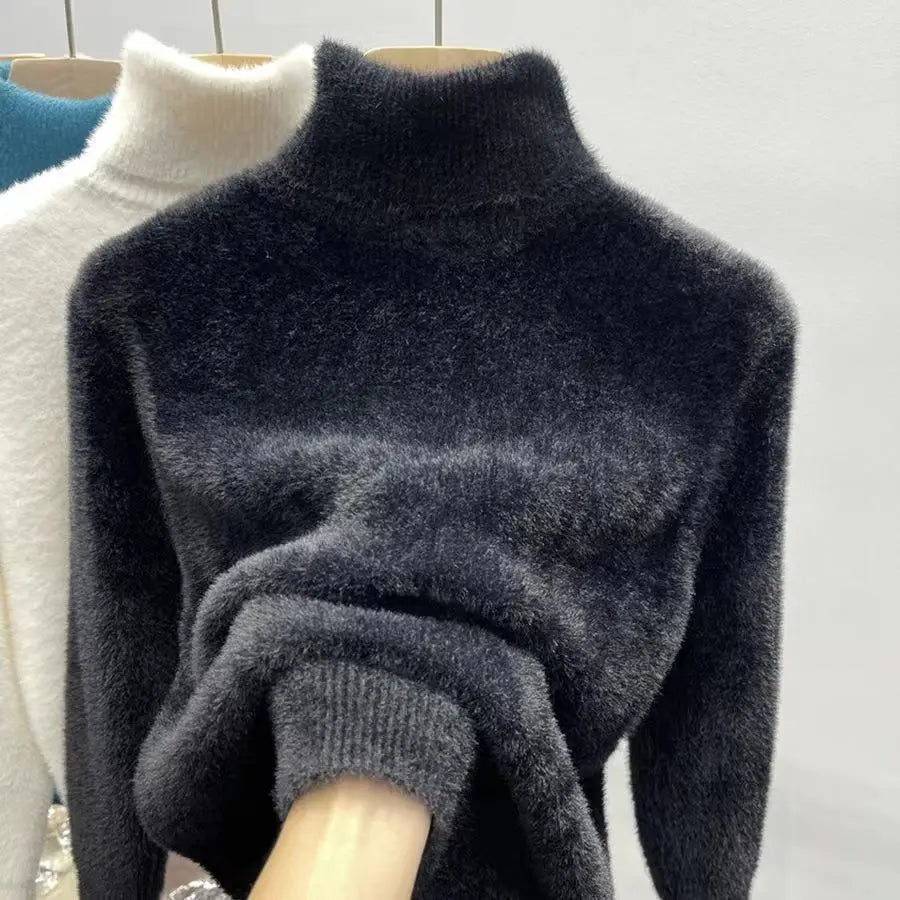 Mjuk Höghalsad Tröja för Dam i Fluffigt Material, Långärmad