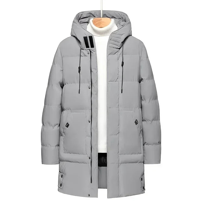 Herr Lång Dunjacka med Huva och Fickor, Varm Parkas i Enfärgad Design