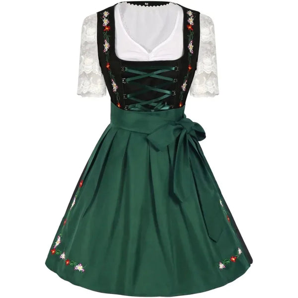 Grön Dirndlklänning med Vita Broderade Blommor och Spetsblus