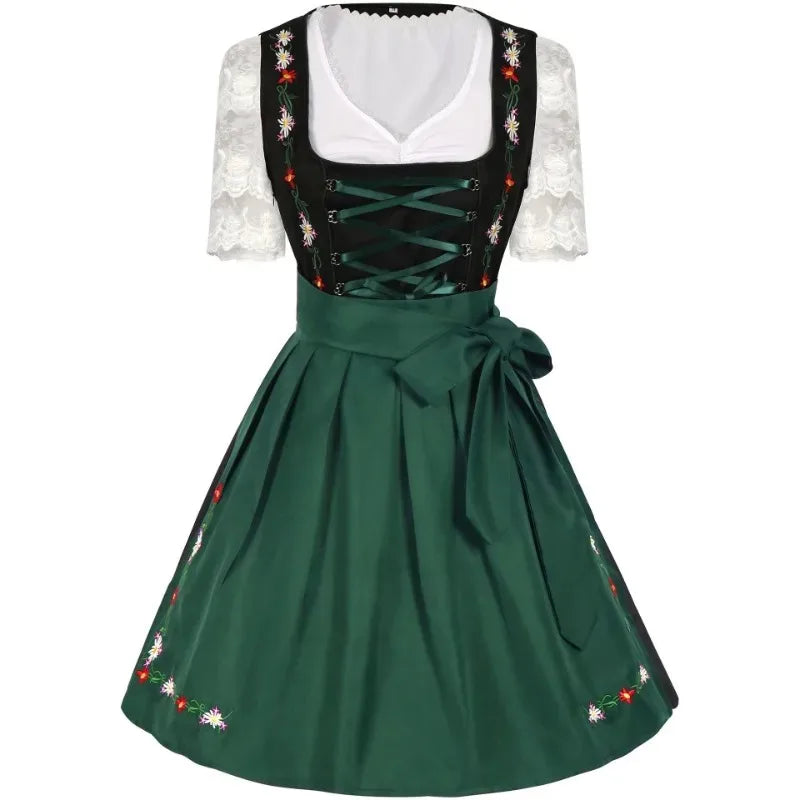 Grön Dirndlklänning med Vita Broderade Blommor och Spetsblus