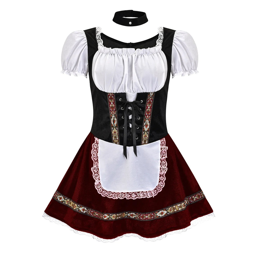 Dam Oktoberfest Klänning Dirndl-stil med Snörning och Förkläde Vinröd
