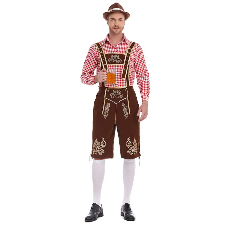 Oktoberfest herrkläder med rutig skjorta, broderade hängselbyxor och hatt