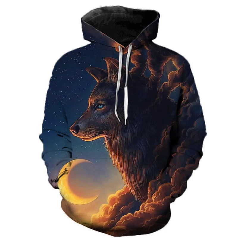 Hoodie med vargtryck i 3D, grafiskt mönster med vargar och måne