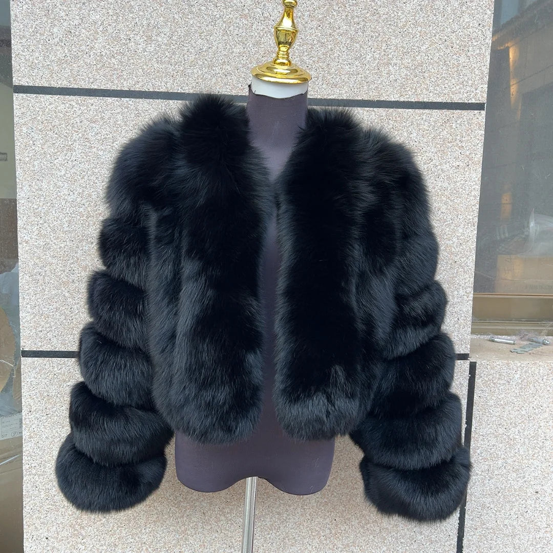 Kort fluffig fuskpälsjacka för dam, öppen design, flerfärgad