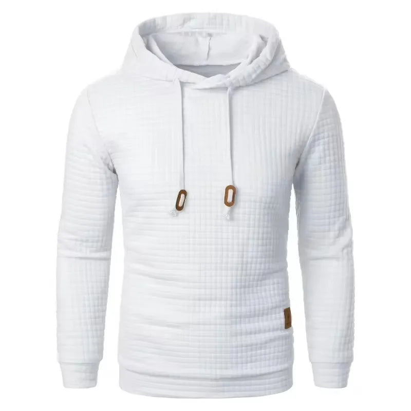 Rutig hoodie i stickat material med huva och dragsko