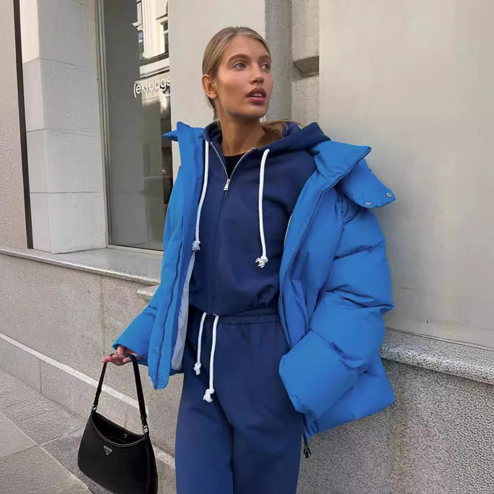 Kvinnors Vinterjacka Puffad Kort Jacka med Huva och Dragkedja