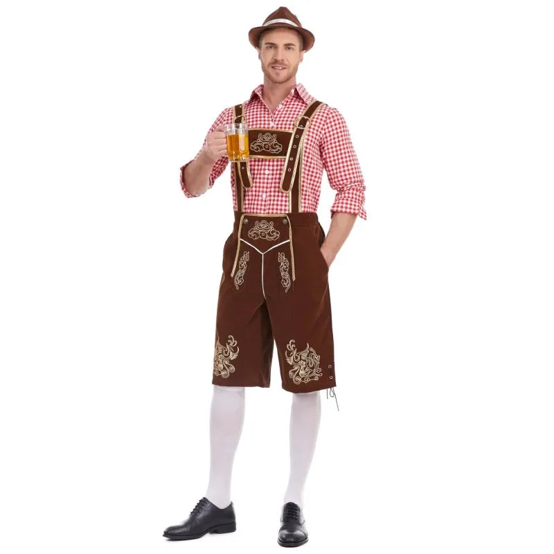 Oktoberfest herrkläder med rutig skjorta, broderade hängselbyxor och hatt