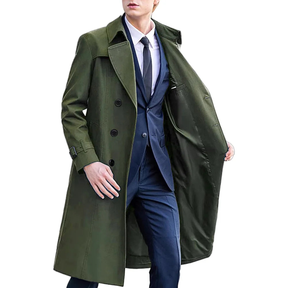 Herr Trenchcoat med Dubbelknäppning, Lång Passform och Krage