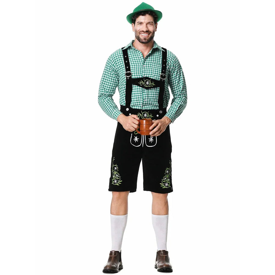 Herr Oktoberfestdräkt Brun/Svart Komplett Set Rutig Skjorta Hängselbyxor och Hatt