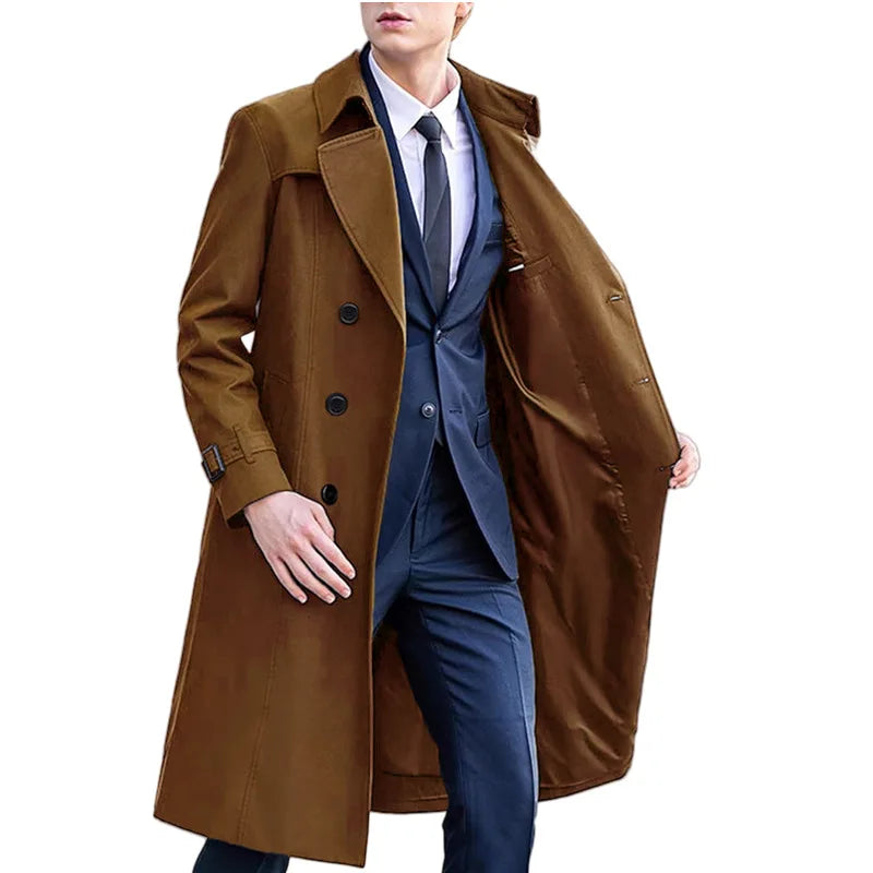 Herr Trenchcoat med Dubbelknäppning, Lång Passform och Krage