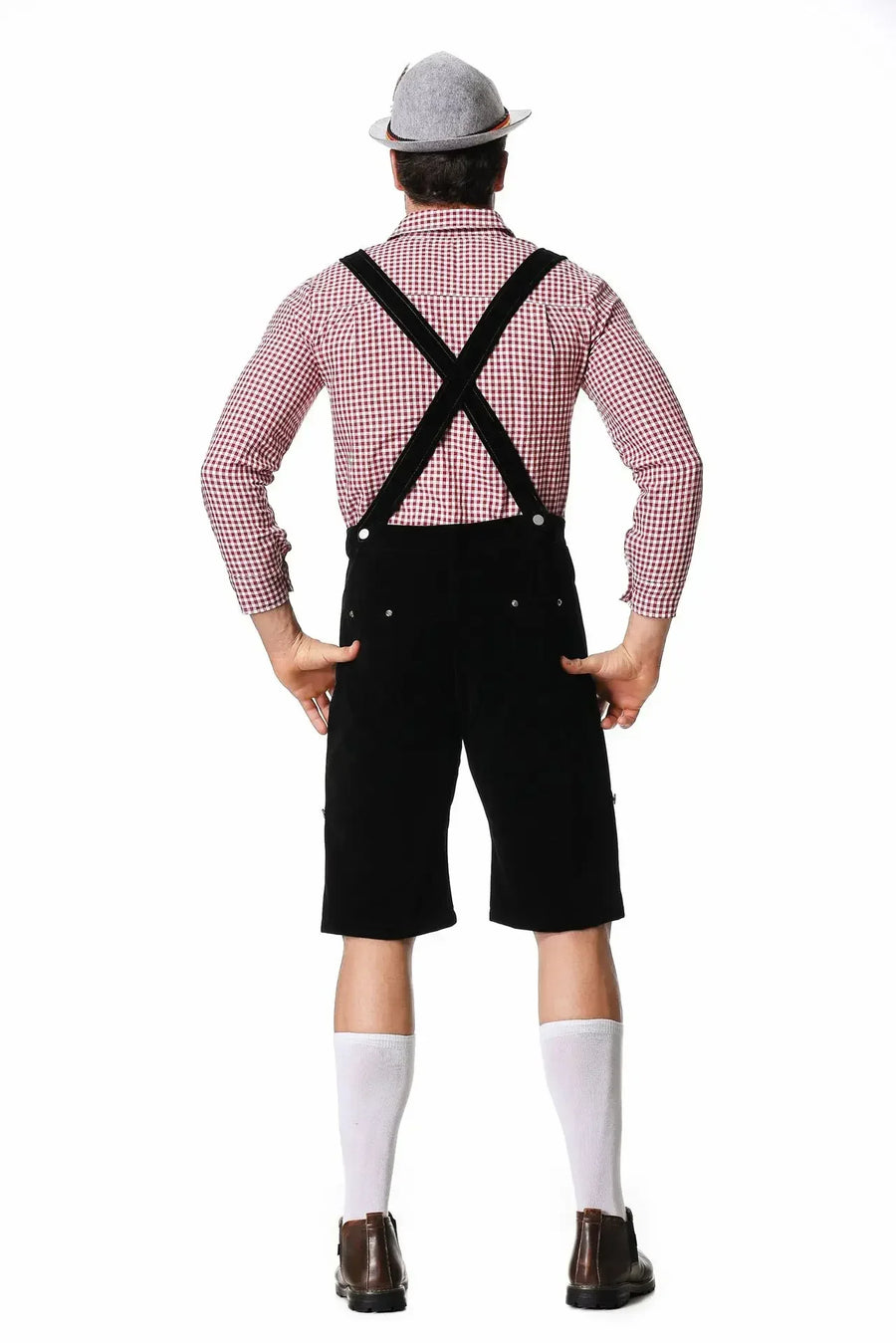 Lederhosen-inspirerad maskeradkostym med rutig skjorta och hängslen för män