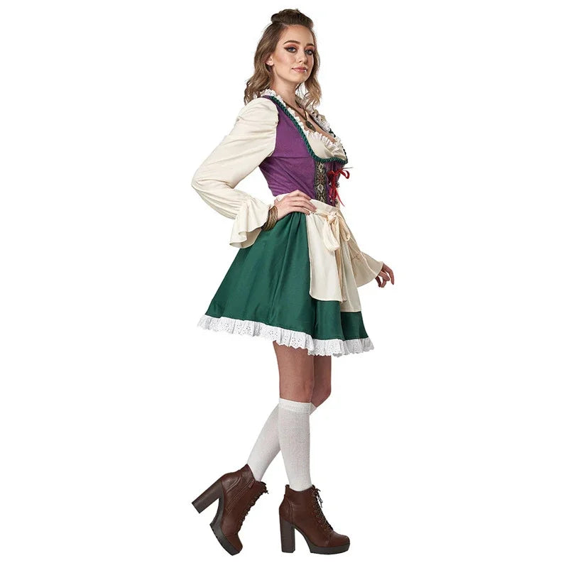 Dam Oktoberfestdräkt Grön Vit Lila med Blus och Förkläde