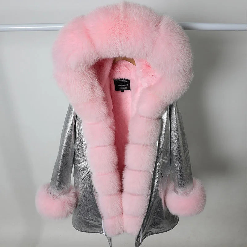 Vinterparkas med rosa fuskpälsfoder och luva, dam