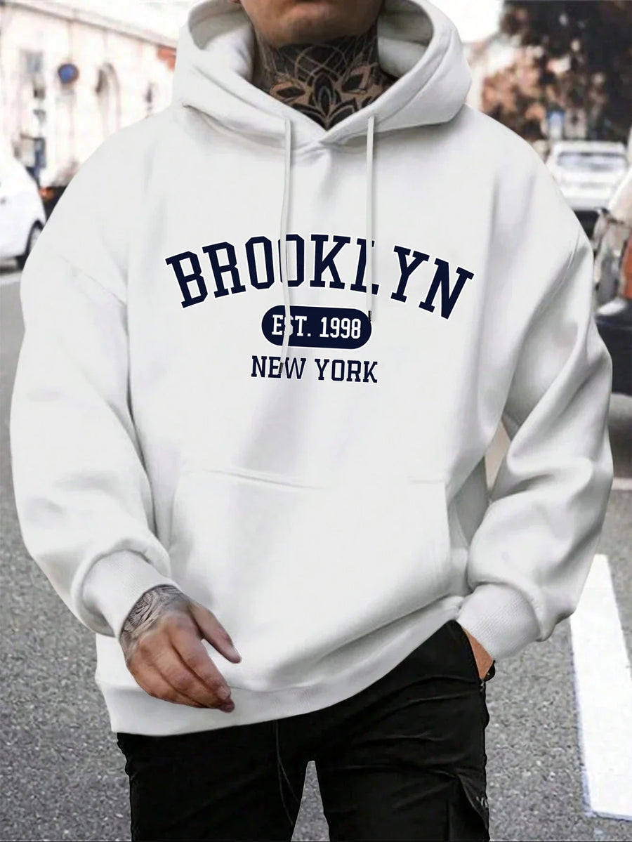 Hoodie med "New York" eller "Brooklyn" tryck, dragsko och känguruficka för män
