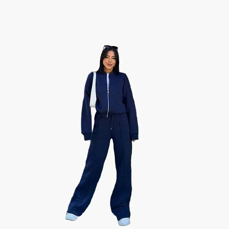 Damers Loungewear Set med Vid Passform – Avslappnad Träningsdräkt med Dragkedja och Vida Byxor