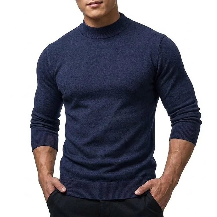 Herrtröja mockneck långärmad ribbstickad kant enfärgad