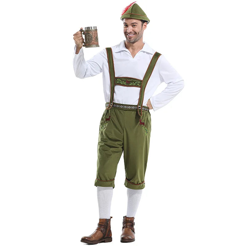 Herr Oktoberfestdräkt Komplett med Hängselbyxor Skjorta och Hatt