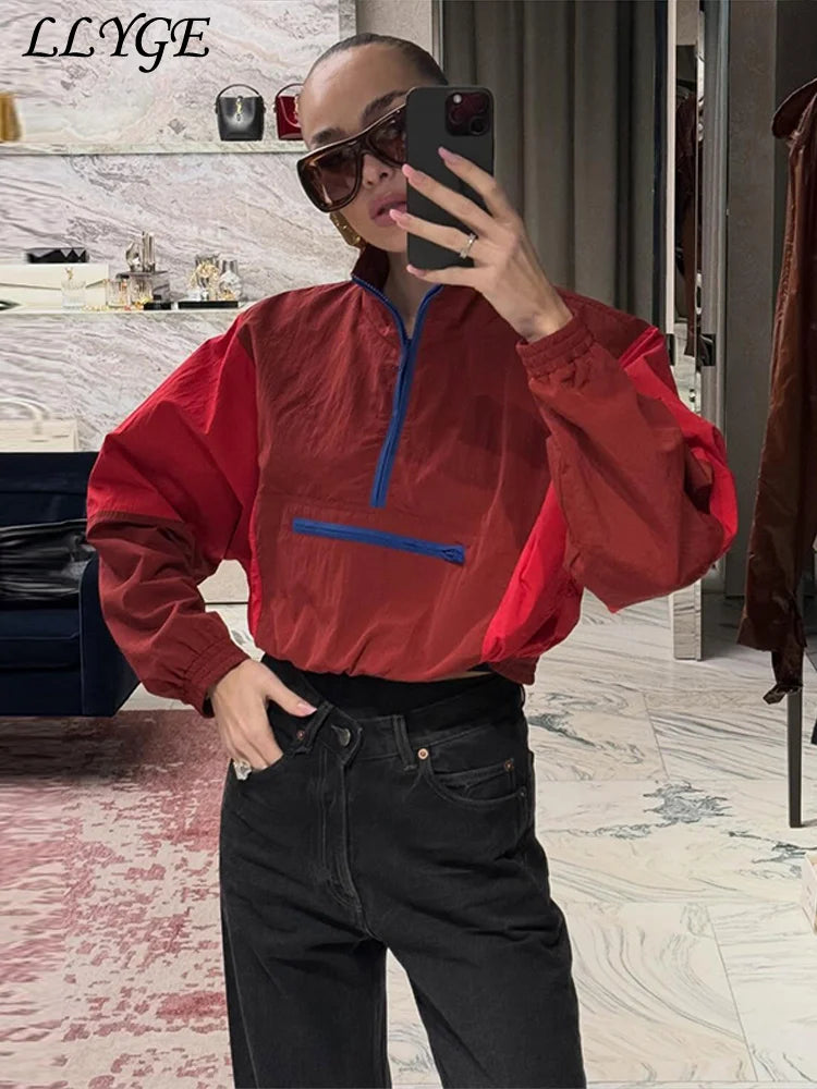 Färgad vindjacka med dragkedja Dam kort träningsjacka Långärmad crop top
