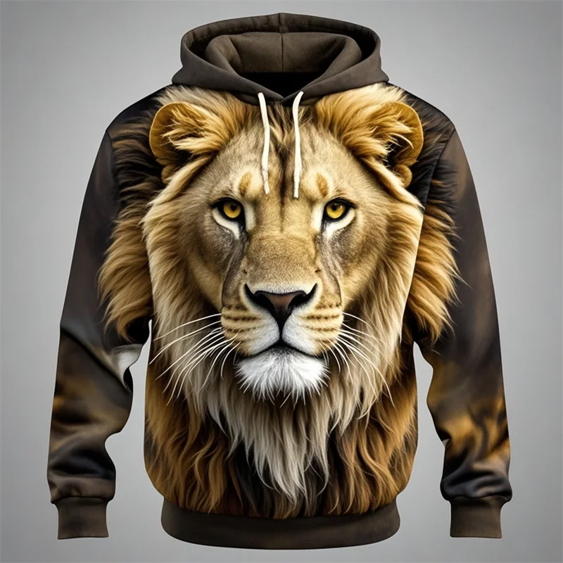 Hoodie med Lejonansikte 3D-tryck, Unisex Tröja med Huva och Känguruficka