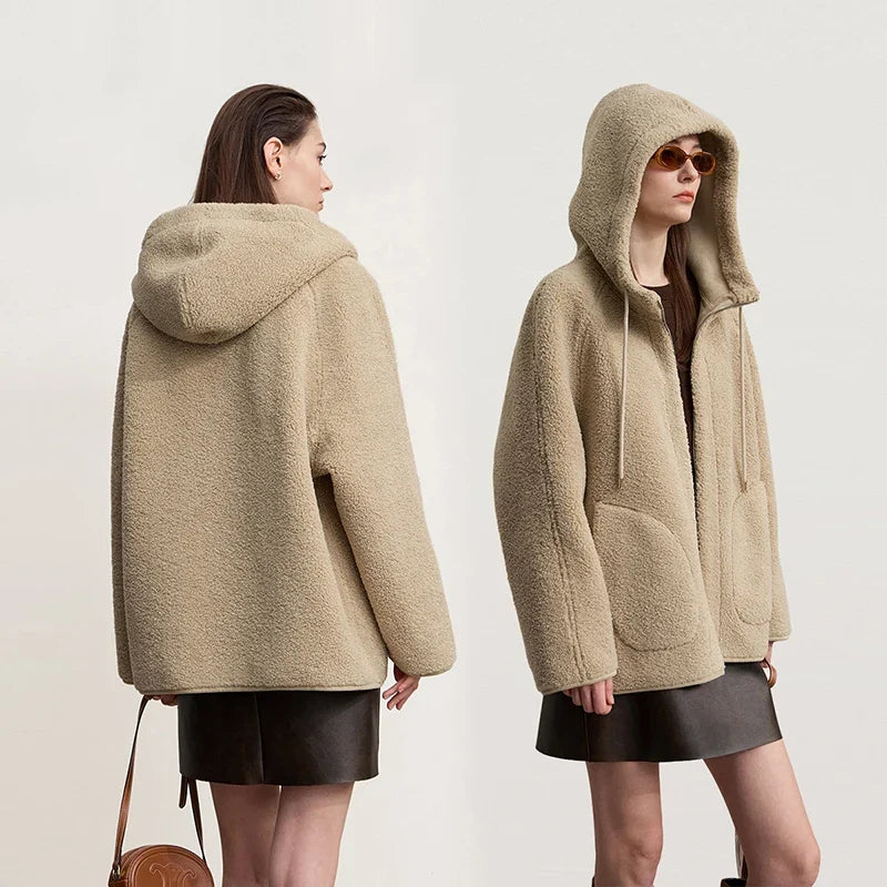 Dam teddyjacka med huva och fickor – Beige eller Svart