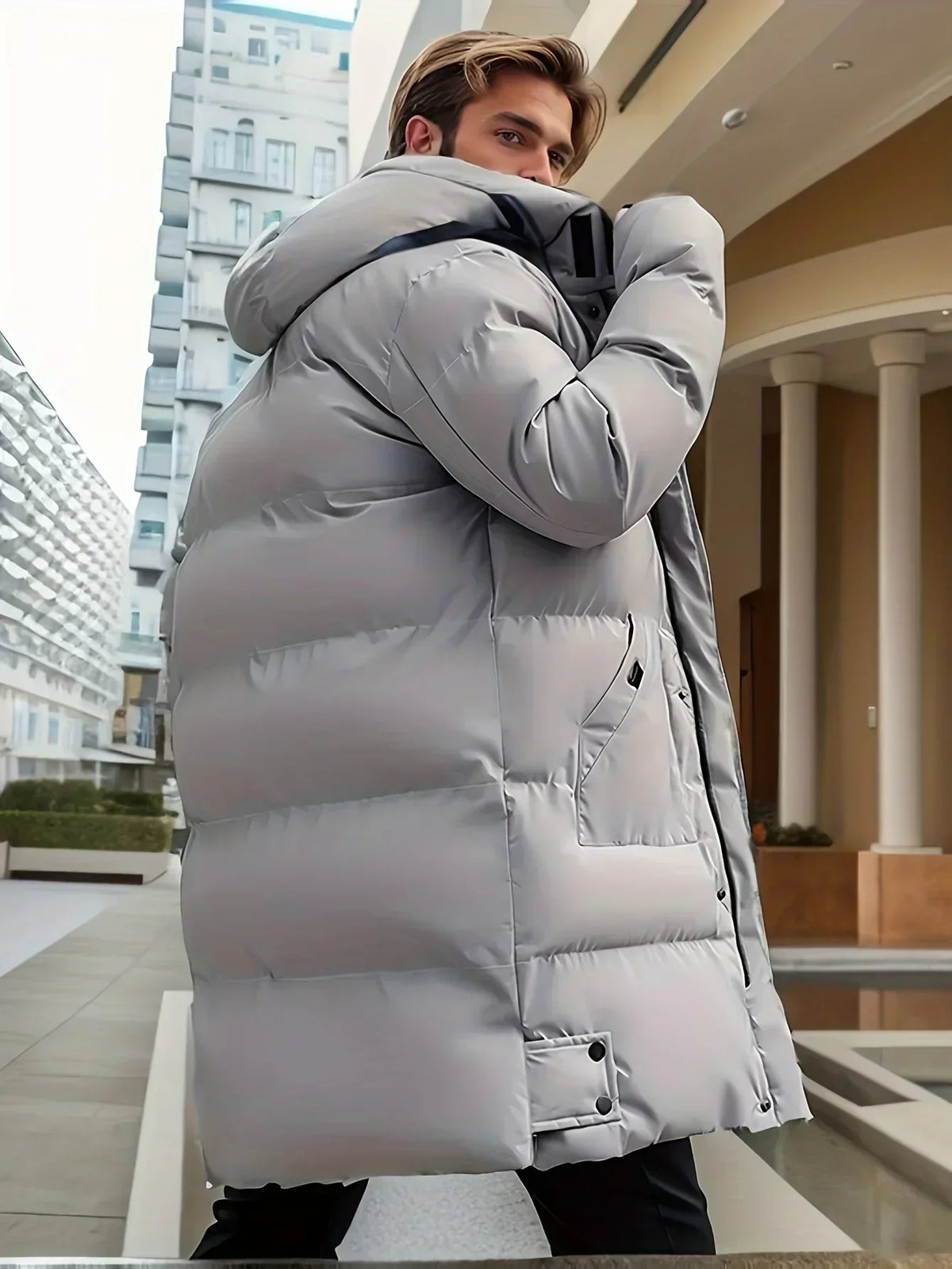 Herr Lång Dunjacka med Huva och Fickor, Varm Parkas i Enfärgad Design