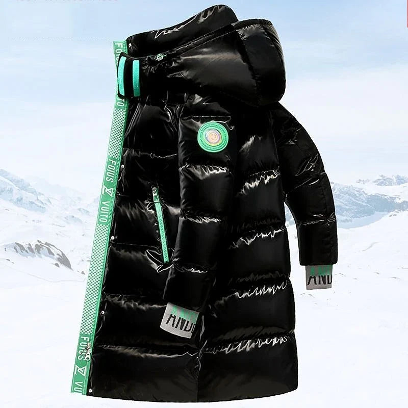 Unisex Glansig Lång Dunjacka med Huva Svart/Vit