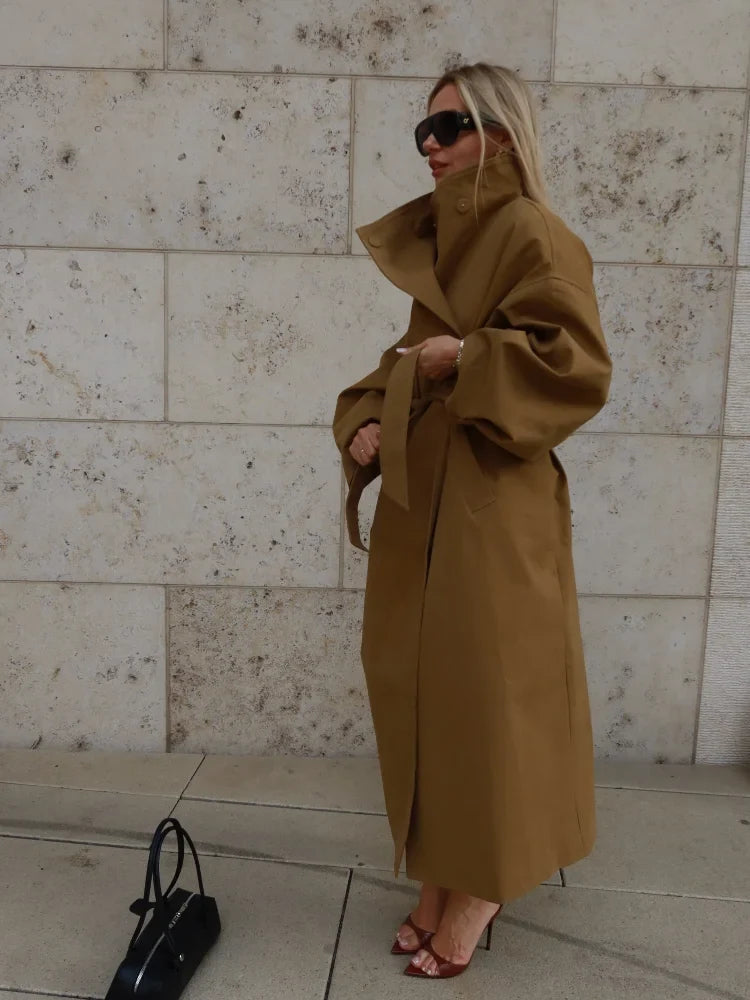 Kvinnors Trenchcoat Oversize med Hög Krage och Bälte