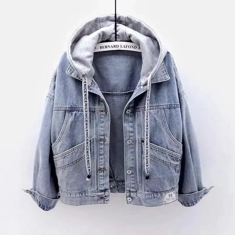Blå denimjacka med grå avtagbar luva, lös passform